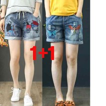 1+1 허리밴딩 자전거 자수+나비자수 여성 데님 반바지 봄 여름 가을 겨울