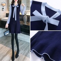 Tagi 봄가을 여성 미디 니트원피스 루즈핏 리본 롱스웨터