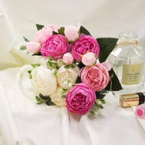 작약 라넌큘러스 조화 부쉬 꽃다발 꽃꽂이 인테리어 소품 꽃 소품 결혼 부케 성묘 조화 꽃다발, 화이트