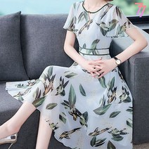 77우먼스 여성 리프원피스 봄 여름 나뭇잎 꽃무늬 쉬폰 롱원피스 옆지퍼 원피스 데일리룩 데이트룩 이월 이월상품 [리현커머스]