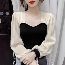 스퀘어넥 골지 쫄니트 샤 벌룬 소매 배색 셔링 퍼프 핀턱 니트 블라우스 초록 검정 화이트