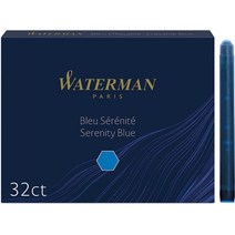 Waterman 워터맨 펜 잉크 카트리지 스탠다드 롱 사이즈 블루 세레니티 색상 32개입, 단일옵션