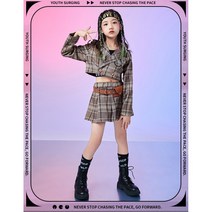 여아 재즈 공연복 힙합 의상 패션 키즈 스트리트 댄스 상하복세트 주니어 모델 런웨이룩 퍼포먼스 체크무늬 상의+스커트 2종세트