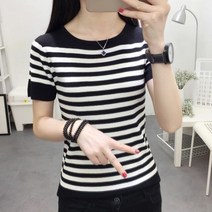스트 라이프 짧은 소매 Tshirt 니트 탑스 여름 대비 색 T 셔츠 캐주얼 탄력 의류 티 Femme 스웨터 라운드니트 니트집업 반집업니트 봄