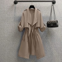 봄 여성용 얇은 트렌치 코트 중간 길이 드로우 스트링 오버 롱 드레스 자켓 Epaulet 카키 블랙 카디건 윈드 브레이커