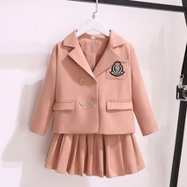 패션 키즈 정장 아기 소녀 의류 봄/가을 긴 소매 겉옷 플리츠 스커트 2 피스 십대 세트 교복, 01 PPT-Pink_01 3T