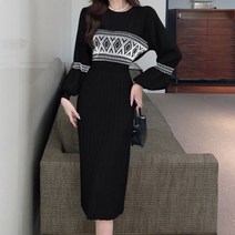 포그니 신축성 좋은 라운드넥 플리츠 에스닉 니트 원피스