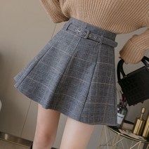 주름 체크 모직 미니 스커트