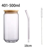 크리에이티브 캔 모양 차 주스 우유 유리 컵 대나무 뚜껑 커피 머그잔 유리 음료 컵 높은 붕규산 유리 음료 용기 내구성, 401-500ml capstraw