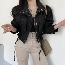 바시티자켓 야구점퍼 새학기 세련된 사파리 스타일 쿨 크롭 재킷 여성용 지퍼 플라이 드로스트링 디자인 숏 코트 가을 패션 아웃웨어