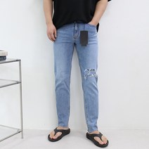 엠클로 빅사이즈 슬림핏 히든밴딩 찢청 9부 크롭 스판 데님 청바지