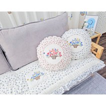 꾸미지오) 꽃바구니 원형 쿠션 커버 - 국내생산 순면 20수 바이오워싱 광목 호박쿠션 핸드메이드 홈데코, 꽃바구니 블루 (솜 포함)