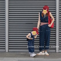 주니어 민소매 진청 간지 와이드 데님 점프수트 멜빵바지 모녀 부녀 커플룩 초등 중학생