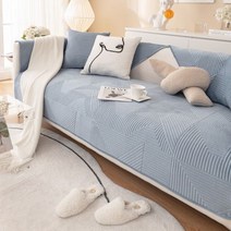 격자 무늬 겨울 벨벳 소파 세트 솔리드 컬러 거실 쿠션 심플한 패브릭 미끄럼 방지 등받이 팔걸이 커버, 110x110cm 1pc, Blue 2