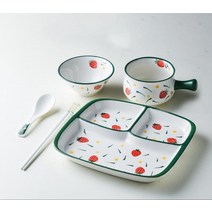 귀여운 유아 어른 성인 1인 개인 도자기 미니 3구 식기 식판 가정용 다이어트 그릇 예쁜 브런치 나눔 급식판, 디스펜서 스퀘어 세트(딸기