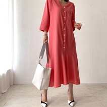 네모샵 앞가슴 V넥 반오픈 비비드프릴 밑단장식 프론트 버튼 포인트 원피스