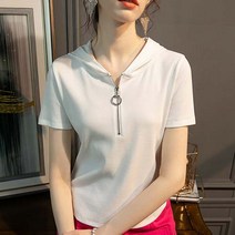 데일로엔 여성용 반팔 후드 베이직 지퍼 티셔츠