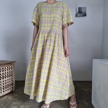 [비비애르] 썸머 린넨 체크 벌룬 퍼프 반팔 롱 원피스 플레어 A라인 페미닌룩 맘룩 여름원피스