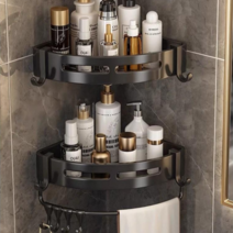 락키홈즈 무타공 알루미늄 타원형 다용도 욕실 2단 코너선반, 블랙, 1개