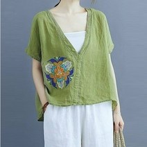 중년여성의류 40 50대 엄마옷 마담 빅사이즈 린넨 브이넥 자수 블라우스