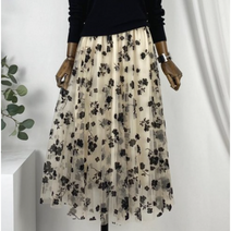 그레잇유 / A라인 플라워 레이스 쉬폰 밴딩 롱스커트 2color