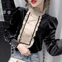 라오농 가을 겨울 새로운 레트로 코트 스타일 대비 컬러 나무 귀 스티칭 칼라 더블 브레스트 기질 조커 벨벳 셔츠 여성 +12Wwd8