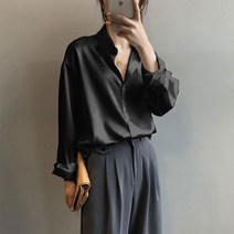 이노뱅크 세련된 샤인새틴 싱글 버튼 여리여리핏 실켓 공단 셔츠카라 롱 슬리브 블라우스