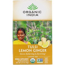 Organic India 툴시 차 레몬 생강 카페인 없음 티백 18개입 36g(1.27oz)
