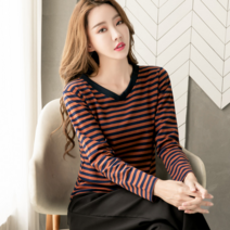 베씨 여성 빅사이즈 스트라이프 브이넥 긴팔티셔츠 여자