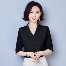 여름 오부소매 아날로그 실크 셔츠 여 디자인 감령 순색 양기 칼라 버튼 탑