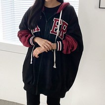 빅걸스토리 빅사이즈 여성 레이커 레터링 오버핏 간절기 캐주얼 후드 집업