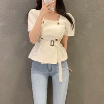 여름신상 스퀘어넥 더블버튼 벨트 트렌치 블라우스