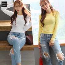 여성 라운드 길팔 티셔츠 슬림핏~ 레이온 5color 신축성좋음