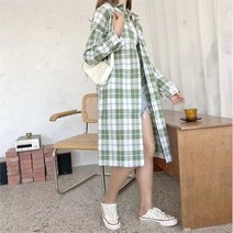 오슈 꾸안꾸 집앞패션 파스텔톤 데일리 체크 롱 셔츠