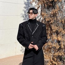 남성 자켓 가죽 패치 워크 짧은 스타일 루즈핏 싱글 버튼 울 재킷 남성용 가을 겨울 트위드 코트 2023