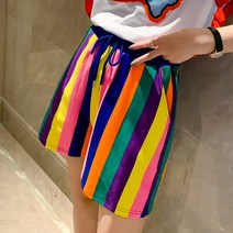 한동대문 여름 여성 패션 밴딩 허리 스트링 컬러 세로 스트라이프 무지개 반바지 트렌드 ins