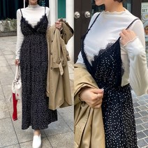 [에이스토리] 봄 가을 땡땡이 뷔스티에 롱원피스 레이스 도트롱 원피스