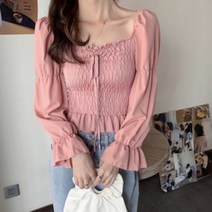 [네쥬] 여성 봄 가을 스퀘어 프릴 데일리 예쁜 긴팔 면 블라우스