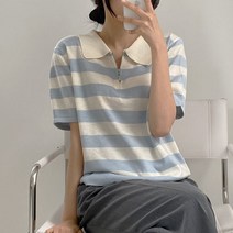 [꾸안꾸/귀여움보장!] 포인트룩 카라 단가라 반집업 루즈핏 반팔 니트 3color]소다단가라니트