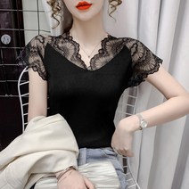 3인 4인 통가죽 천연가죽 6인 시스디자인 꽃 레이스 패널 탄성 T 셔츠 여성 소매 조끼 블라우스 패션 탑스 블랙 화이트 핑크 티, [04] XL, [01] 328   Black