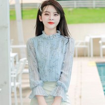 봄 플라워 블라우스 우드 귀 차이나 자수 나팔 소매 눈방적셔츠