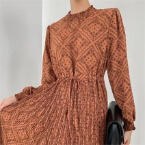 여자 허리 리본 플리츠 아코디언 롱 원피스