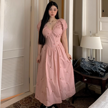 브이넥 플라워 티 슬립 슬림핏 A라인 원피스