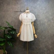 라임브릿지 체크 동글이 레이스 자수 반팔 블라우스