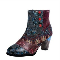 방한 신발 PU 가죽 레트로 블록 하이힐 스플라이싱 프린트 발목 부츠 여성용 보헤미안 봄 가을 짧은 부츠 여성 신발