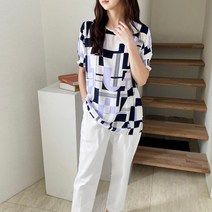 여성 봄 여름 스모크 반팔 배색 프린팅 롱 블라우스