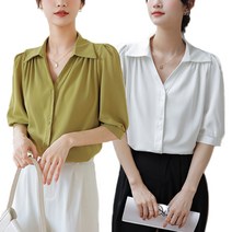 스타일아유 여성용 셔링 퍼프 소매 반팔 블라우스