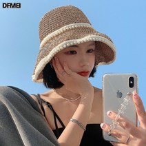 태양 모자 여성 인터넷 연예인 패션 진주 짠 밀짚 모자 여름 태양 그늘 태양 보호 해변 어부 비치 쿨 모자