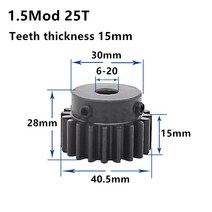 마이터기어 1.5M 25T 26T 고주파 흑색 스퍼 기어 피니언 톱니 너비 15mm 1.5mod 랙 보어 6-20mm, 02 25 치아_03 12mm
