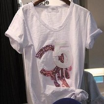 S4873 화려하고 시원한 스팽글 장식 깔끔 화이트 티셔츠 라운드 반팔 예쁜 반팔티